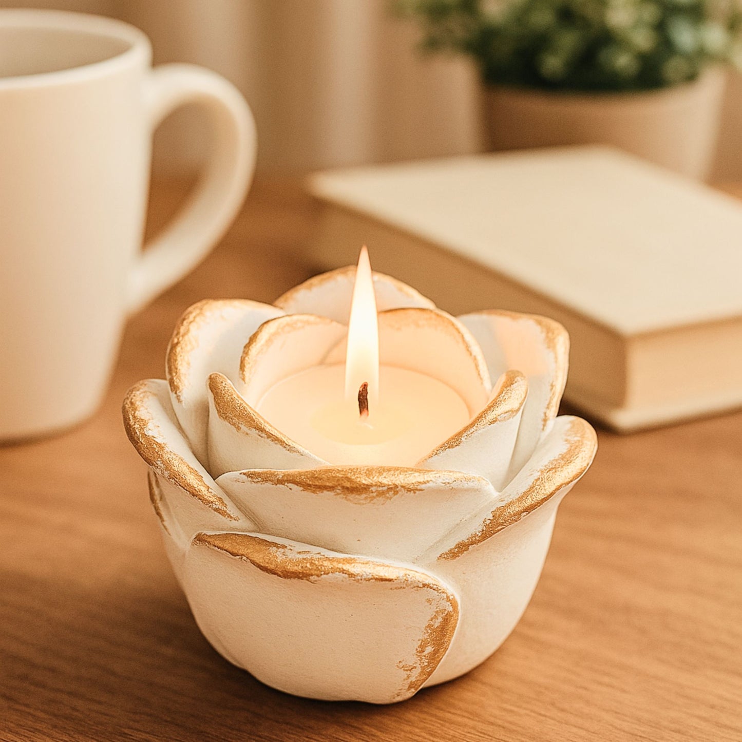 Rosa decorativa hecha a mano con resina ecológica. Úsala como joyero o recipiente para velas. Diseño artesanal, colores suaves. Hecho en España.